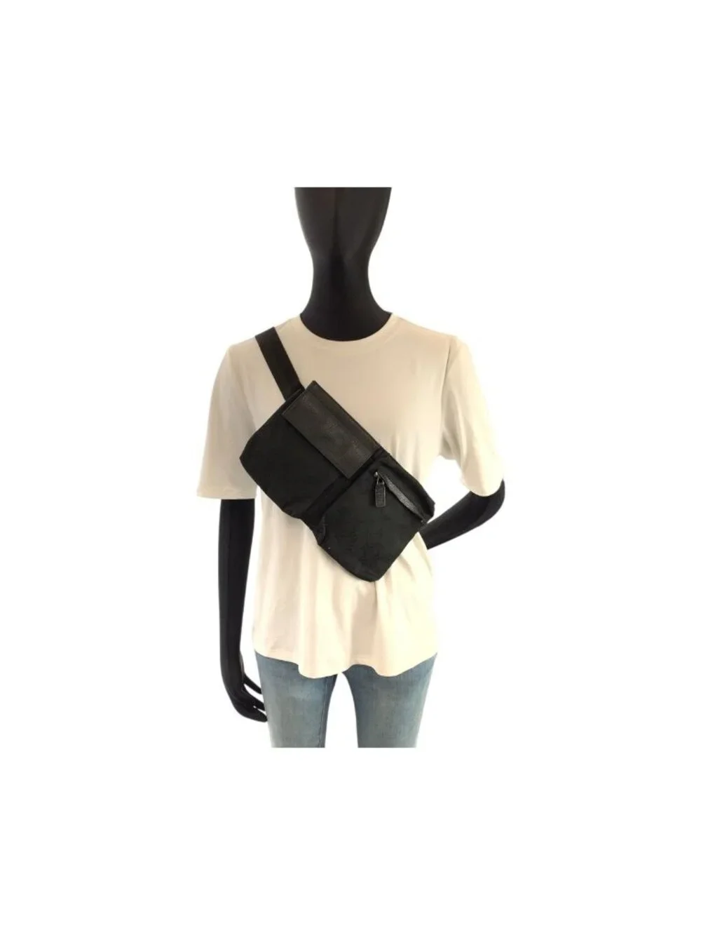 Gucci Black Silver GG Canvas Leather Belt Bag Waist Pouch